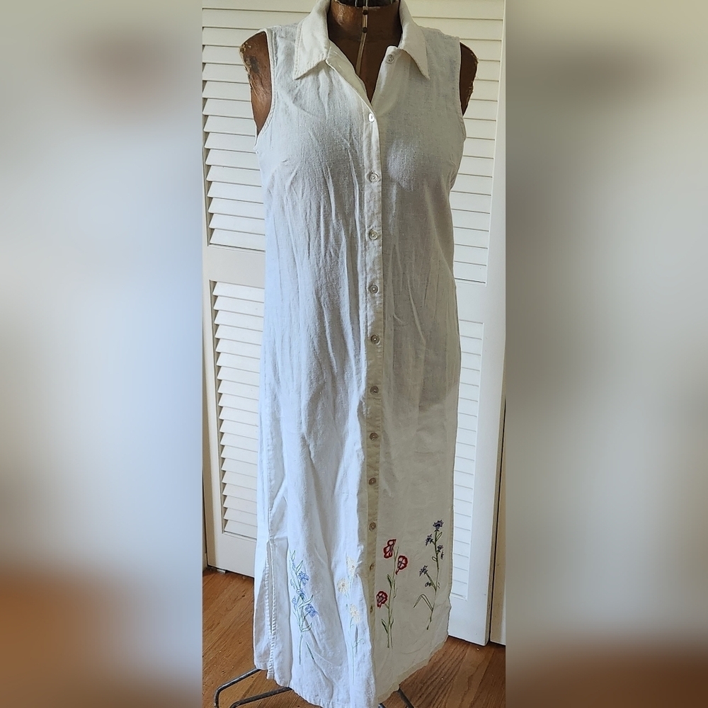 Vintage Studio Ease Floral Embroidered Linen Shirtdress Size 10